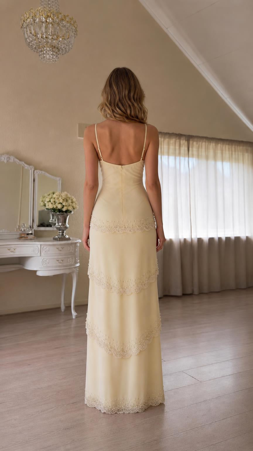 Back view of yellow maxi dress with spaghetti straps
