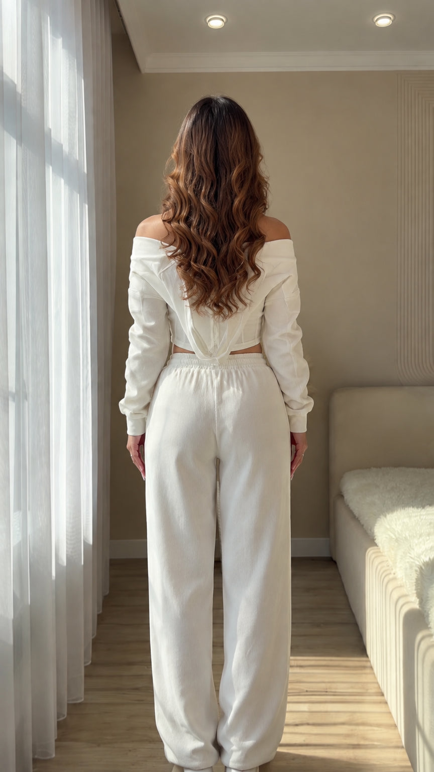 White two-piece off-shoulder sweatsuit back view