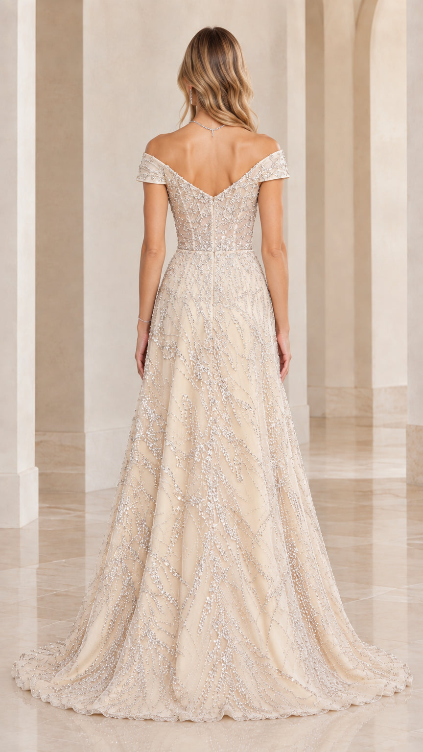 Back view of Champagne off-the-shoulder evening gown with V-back detail