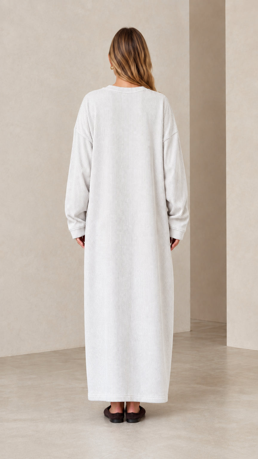 Back view of light grey oversized long sleeve maxi lounge dress