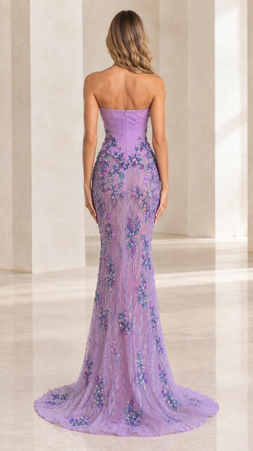 Back view of lavender strapless corset mermaid gown showing fit and back zip detail