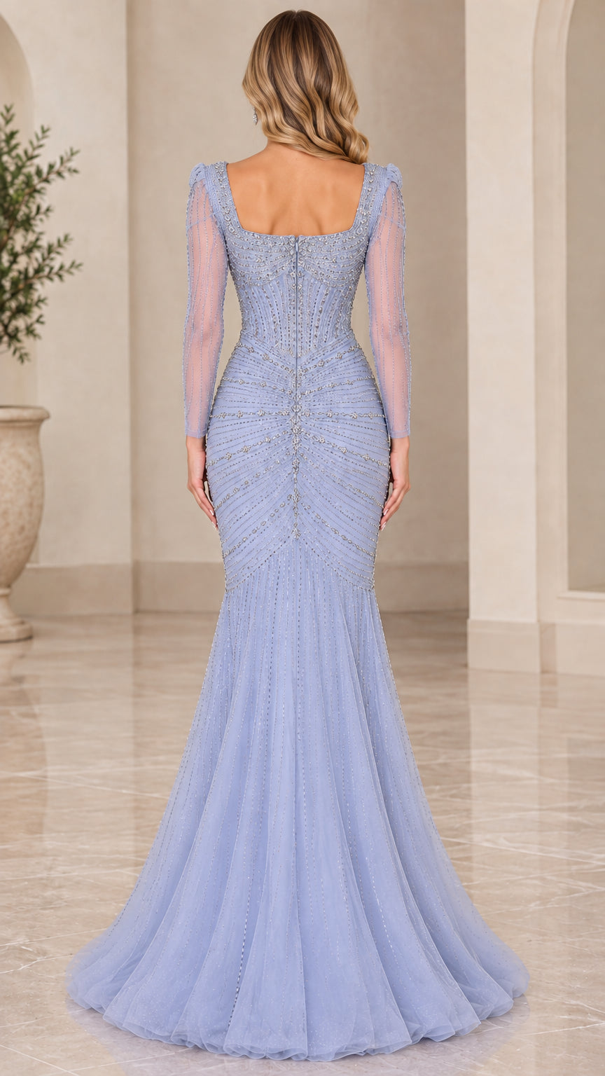 Periwinkle blue beaded formal gown back view showing square back