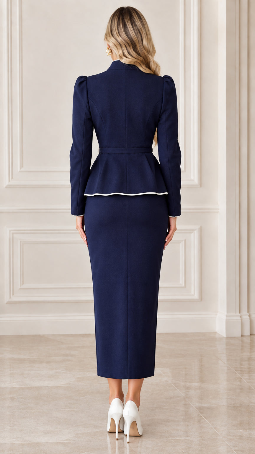 Back view of navy blue peplum blazer and matching column maxi skirt