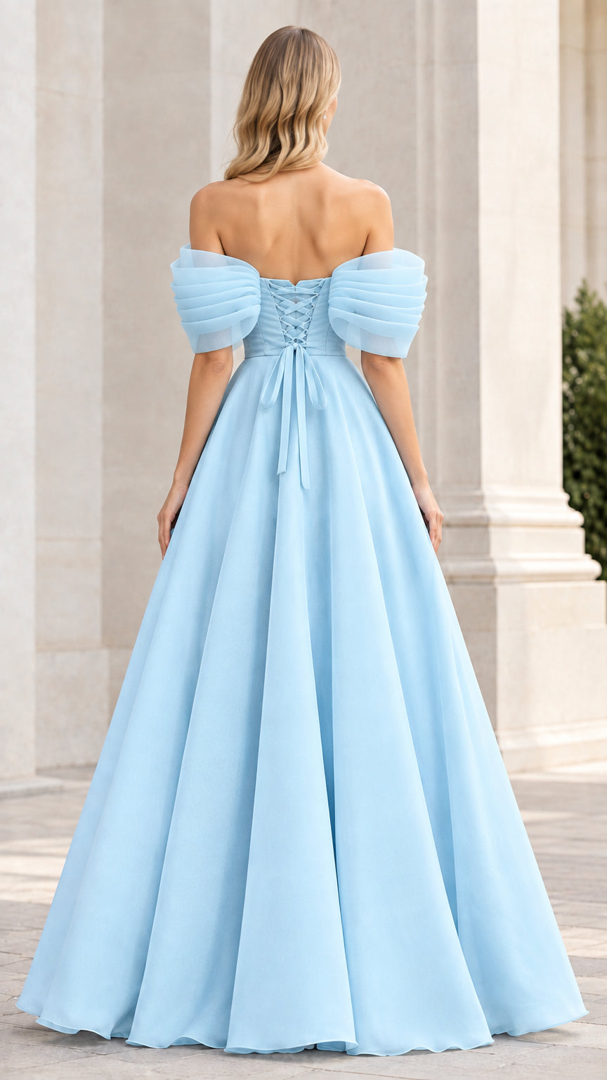 Back view of model showing the lace-up corset back of the light blue evening gown
