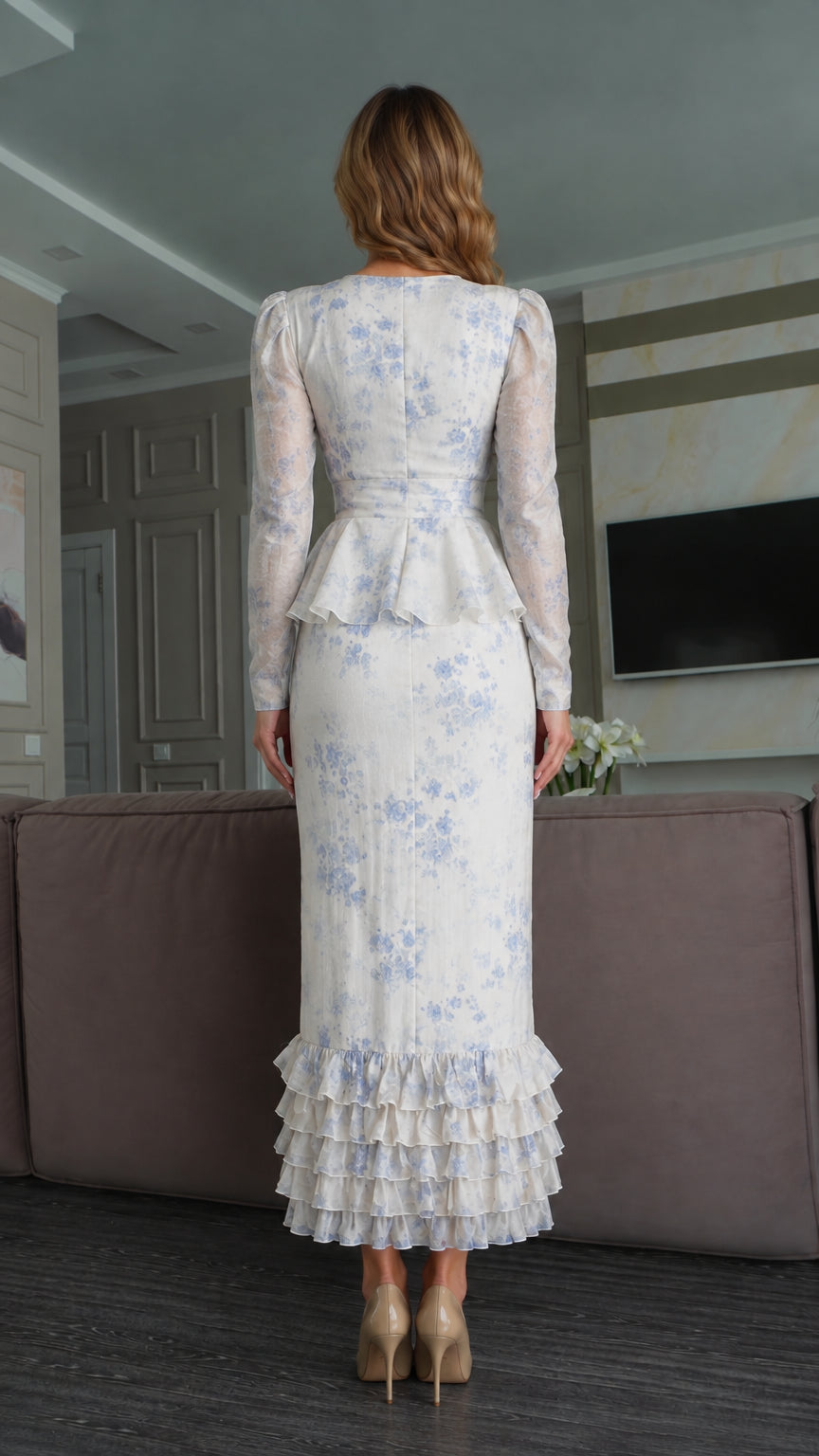 Back view of Ivory Blue floral maxi dress showing concealed zipper and tiered hem