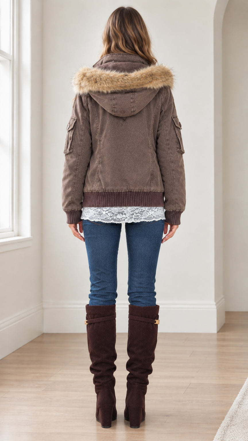 Back view of woman wearing Mocha Brown hooded bomber jacket showing fur-trimmed hood