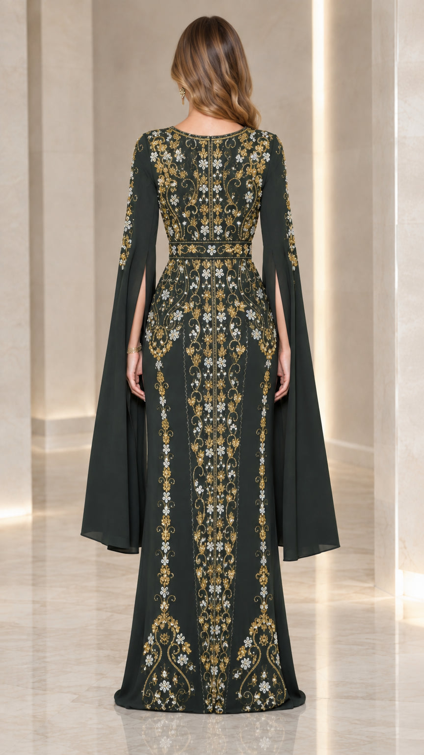 Back view of model in dark green embroidered formal evening gown