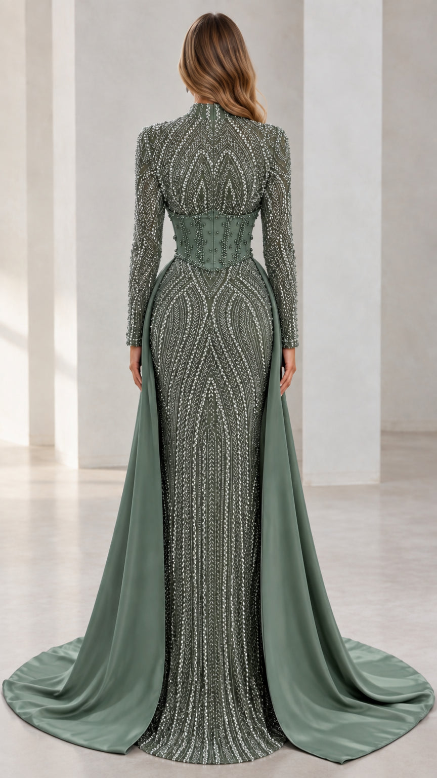 Back view of Sage Green sequin evening gown highlighting the elegant train drape