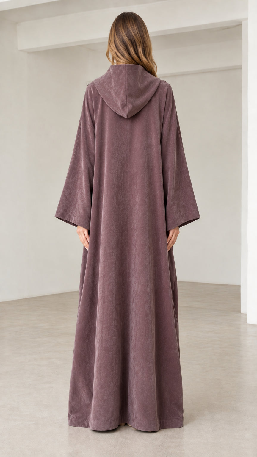 Back view of dusty mauve relaxed hooded maxi robe dress
