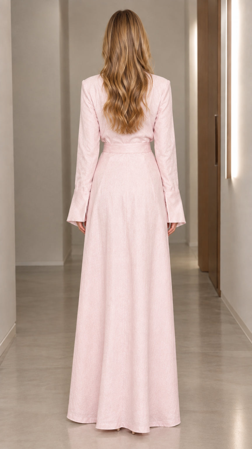 Back full view of Blush Pink long sleeve maxi dress with defined waistline
