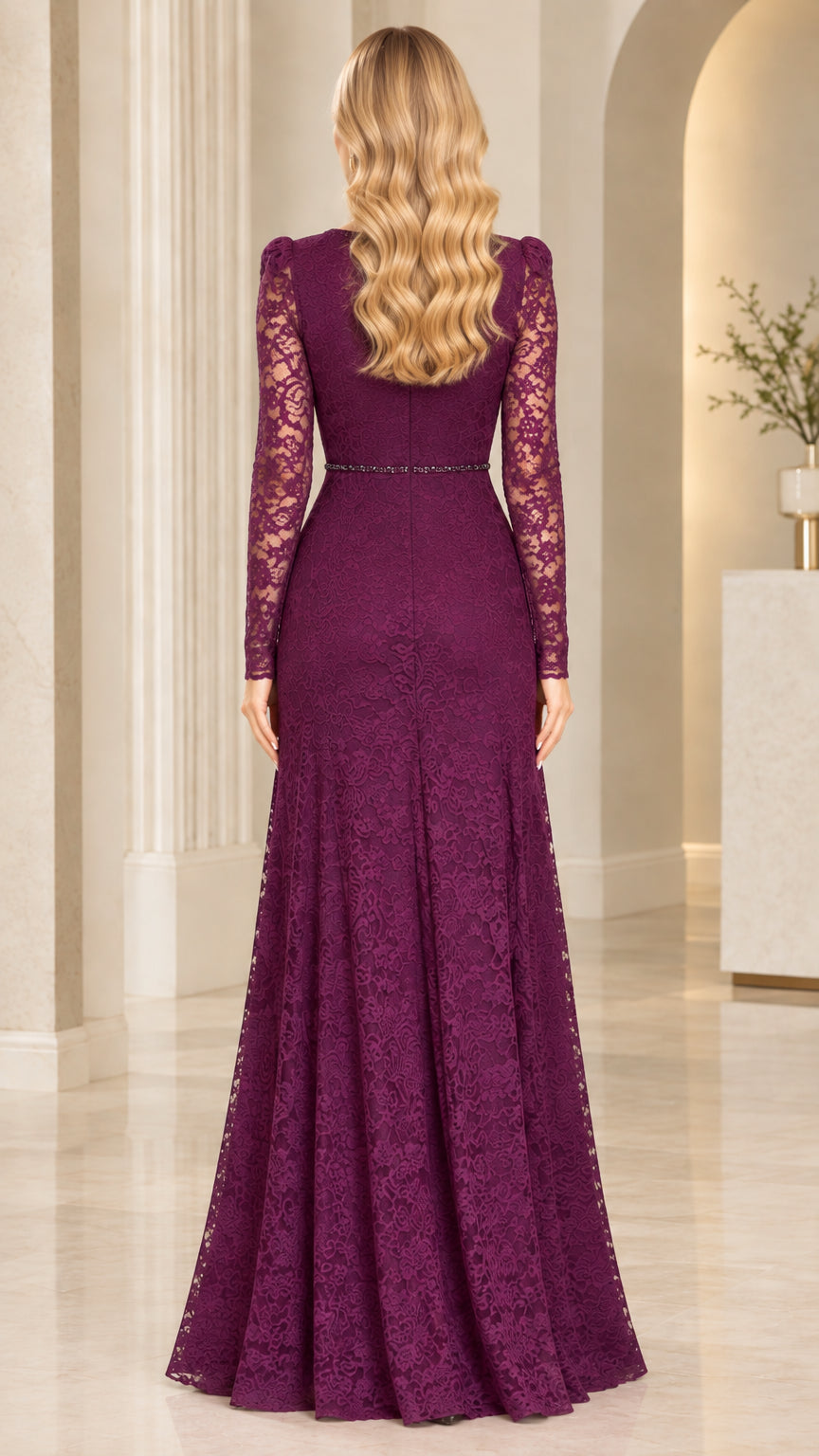 Back view of model wearing plum lace maxi evening gown showing concealed zipper