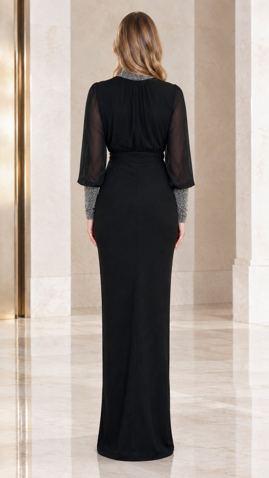 Back view of black floor length formal dress with embellished high collar