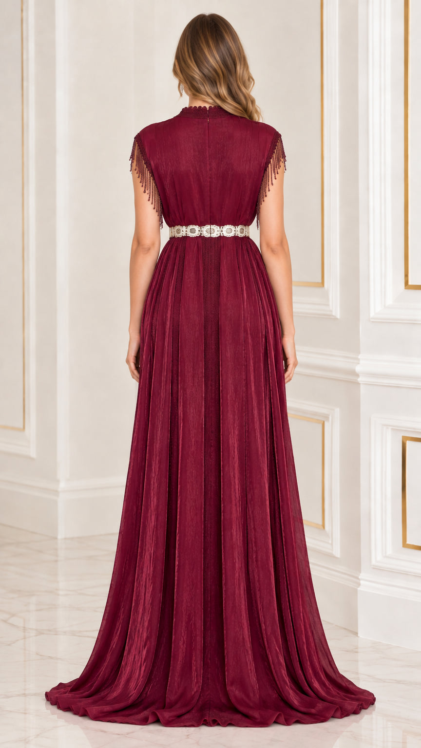Back view of burgundy pleated maxi dress with belted waist