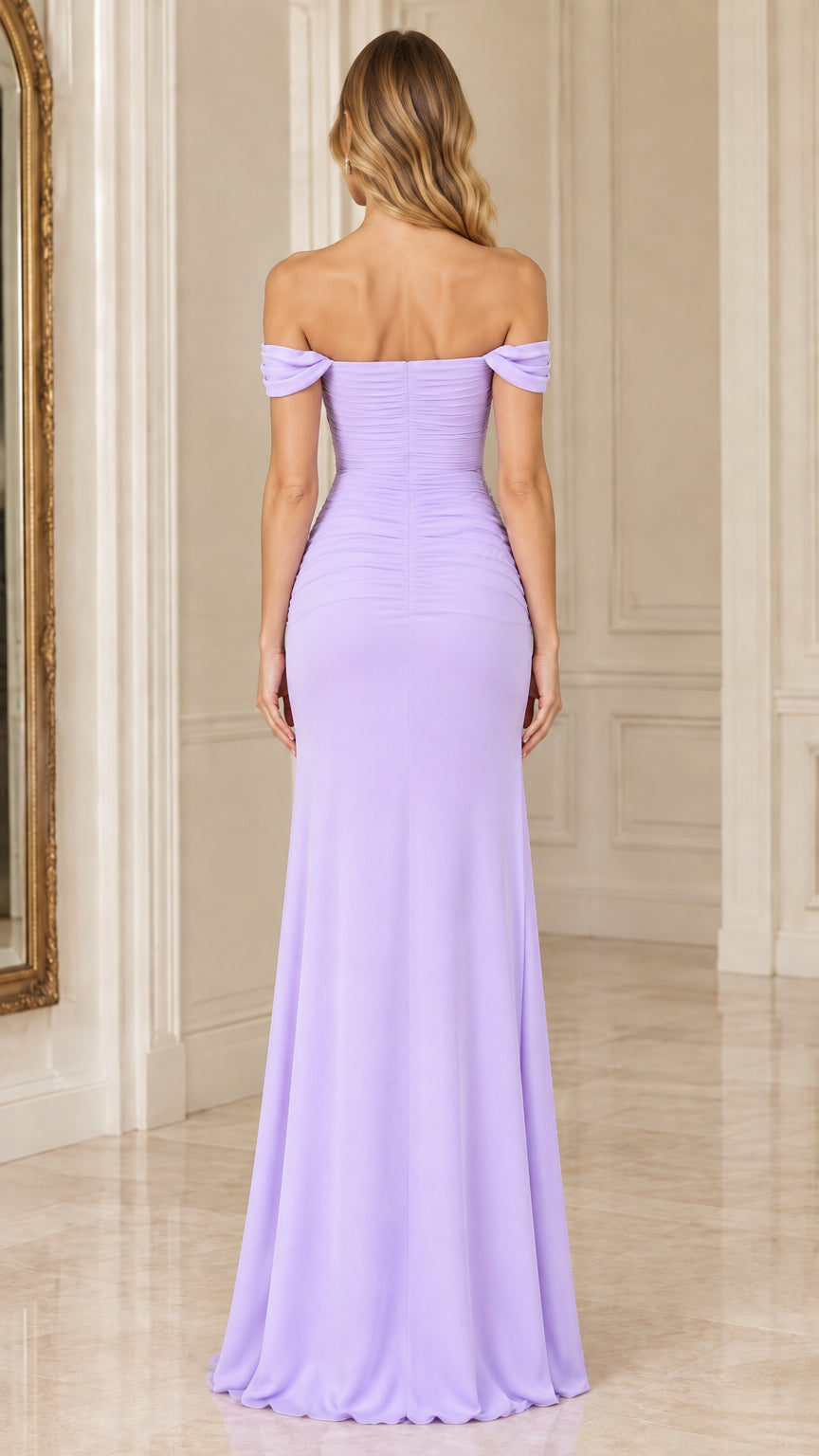 Back view of woman wearing a lavender off-the-shoulder floor-length gown with ruched detailing