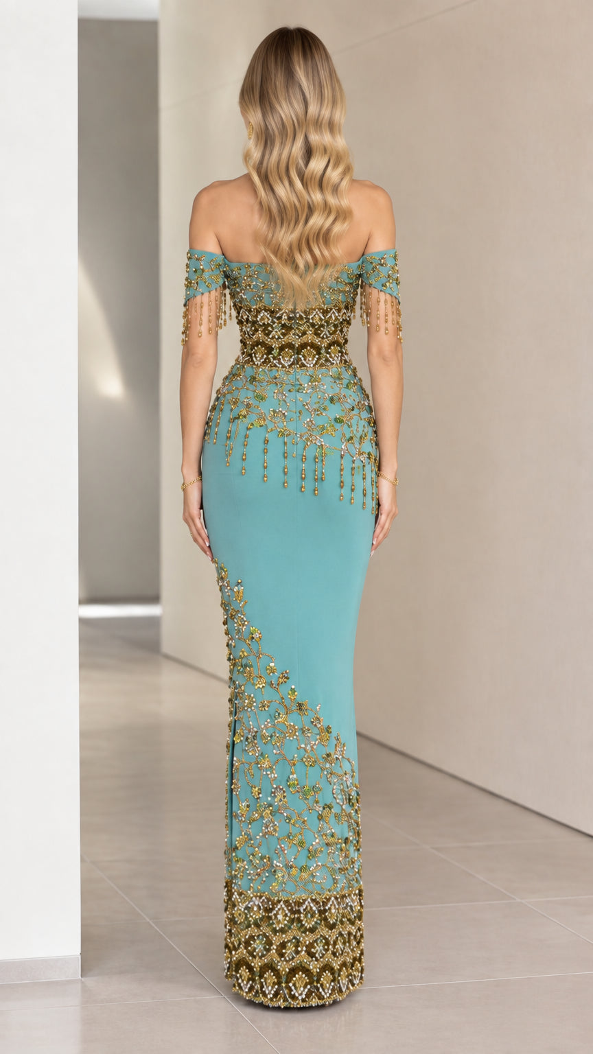 Back view of teal off-the-shoulder embellished evening gown