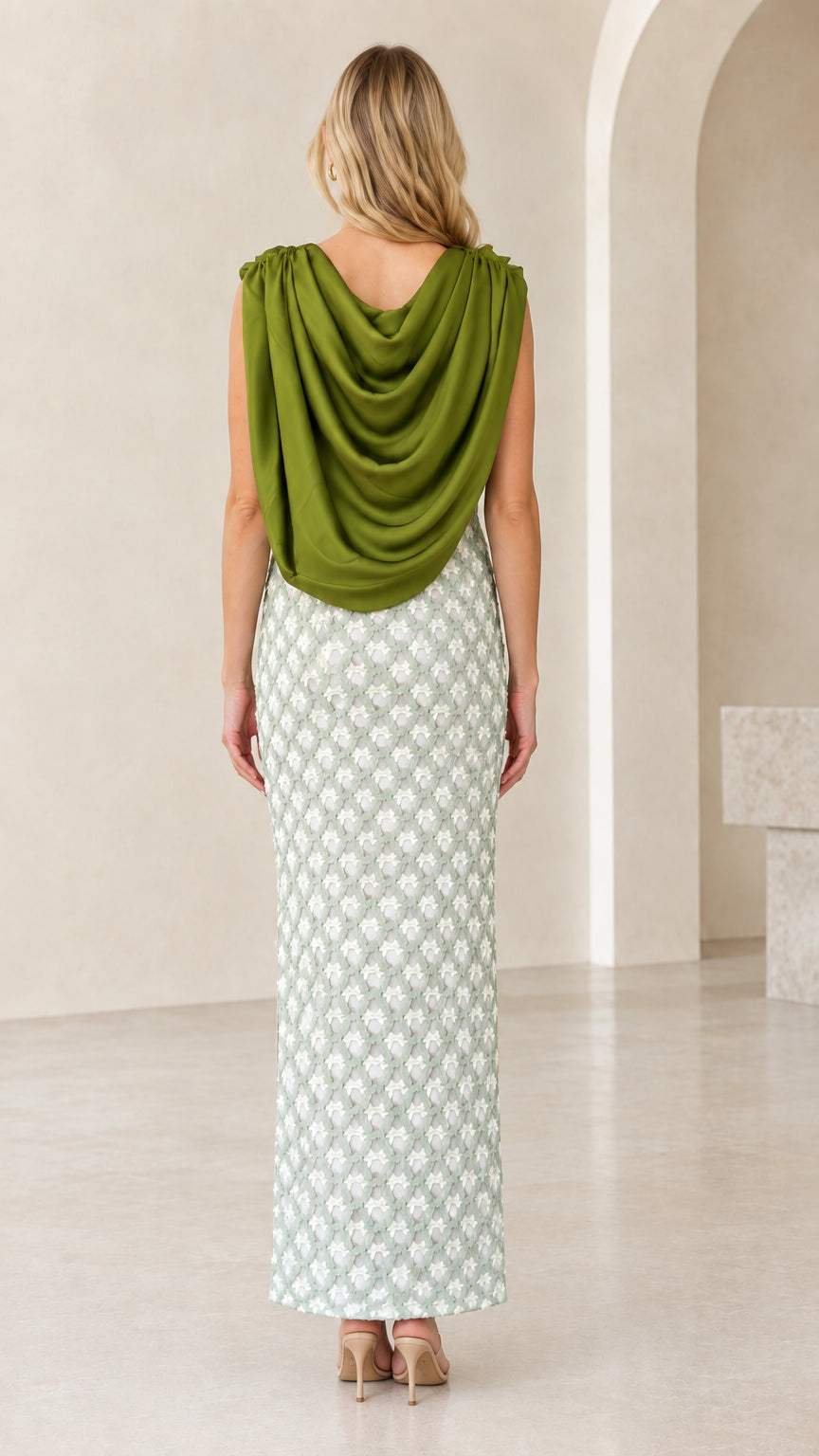 Back view of Olive Green maxi dress showing draped cowl back detail