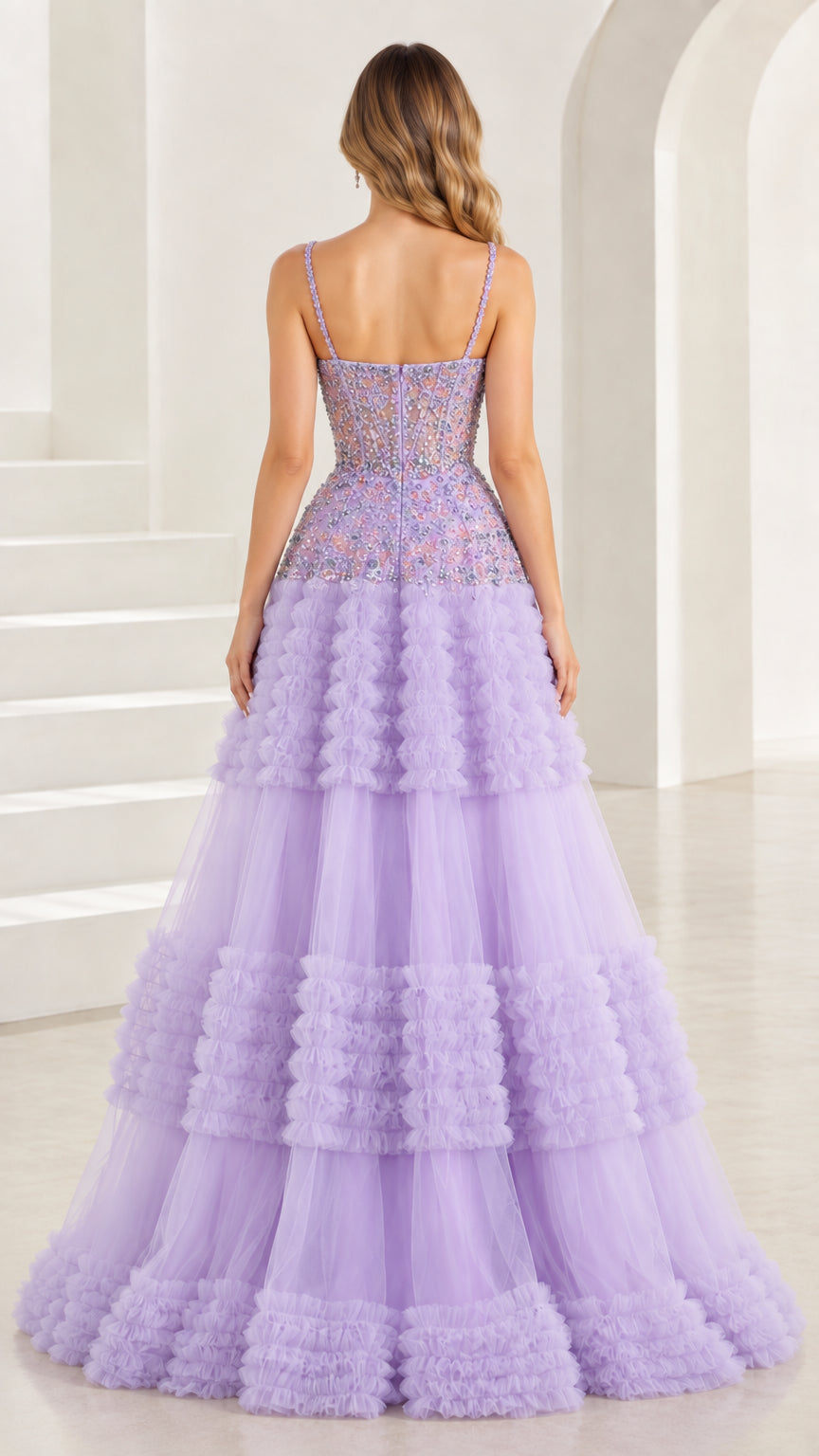 Back view of Lilac sweetheart floor-length tiered tulle ball gown