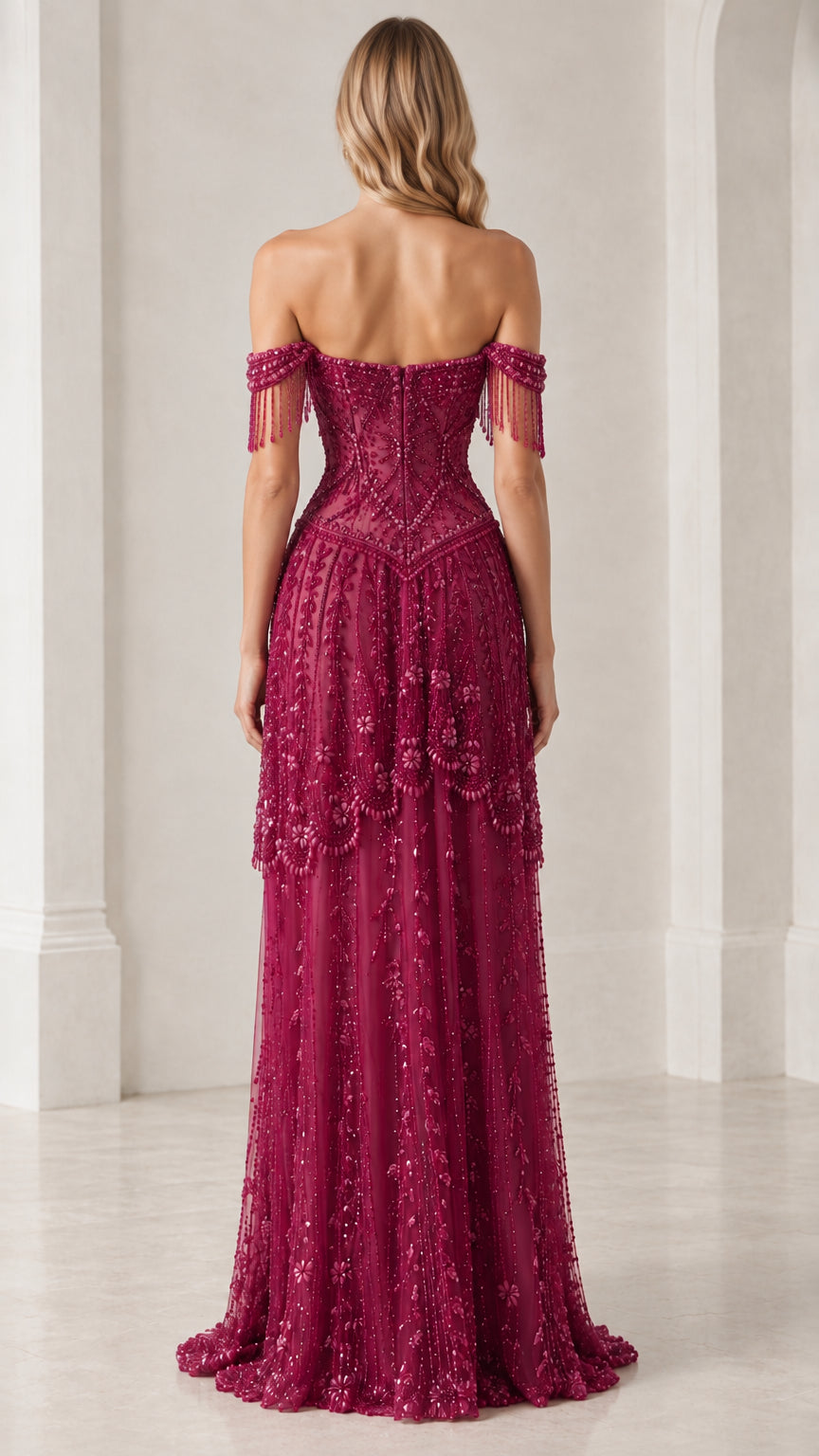 Back view of burgundy off-shoulder formal gown with all-over beading
