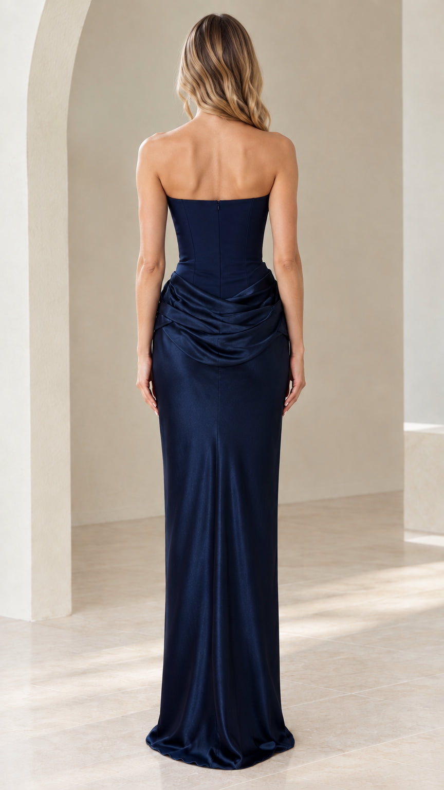 Navy Blue strapless satin maxi evening gown back view