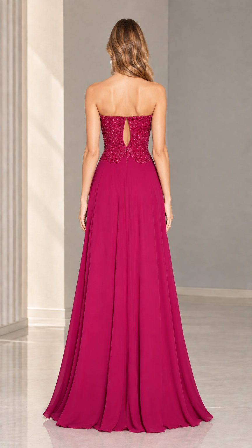 Back view of magenta formal gown showing teardrop keyhole back cutout