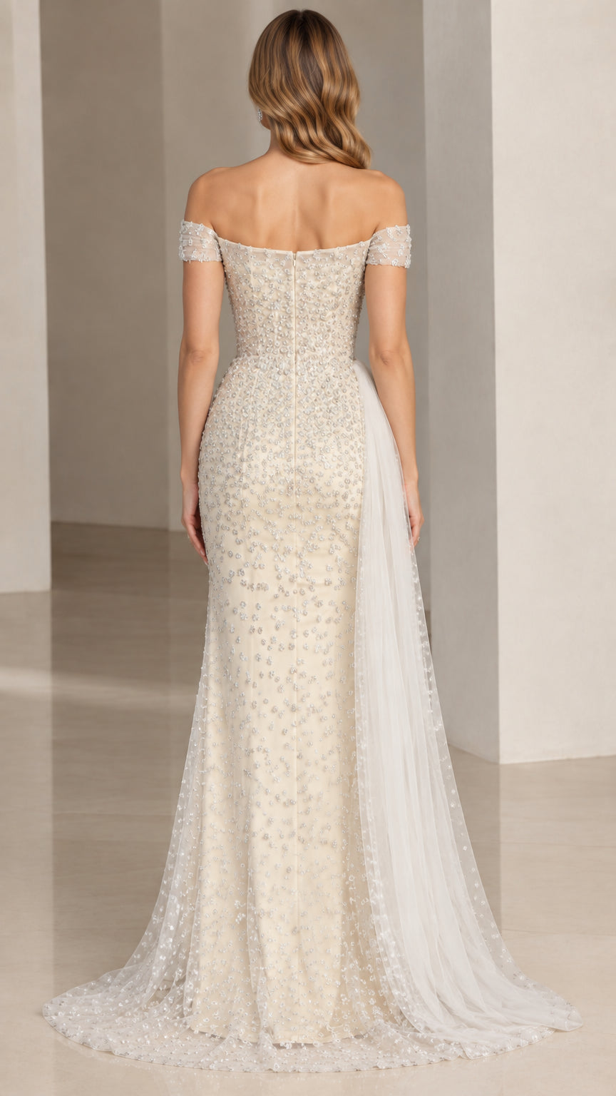 Back view of off-the-shoulder ivory sequined mermaid evening dress with flowing train
