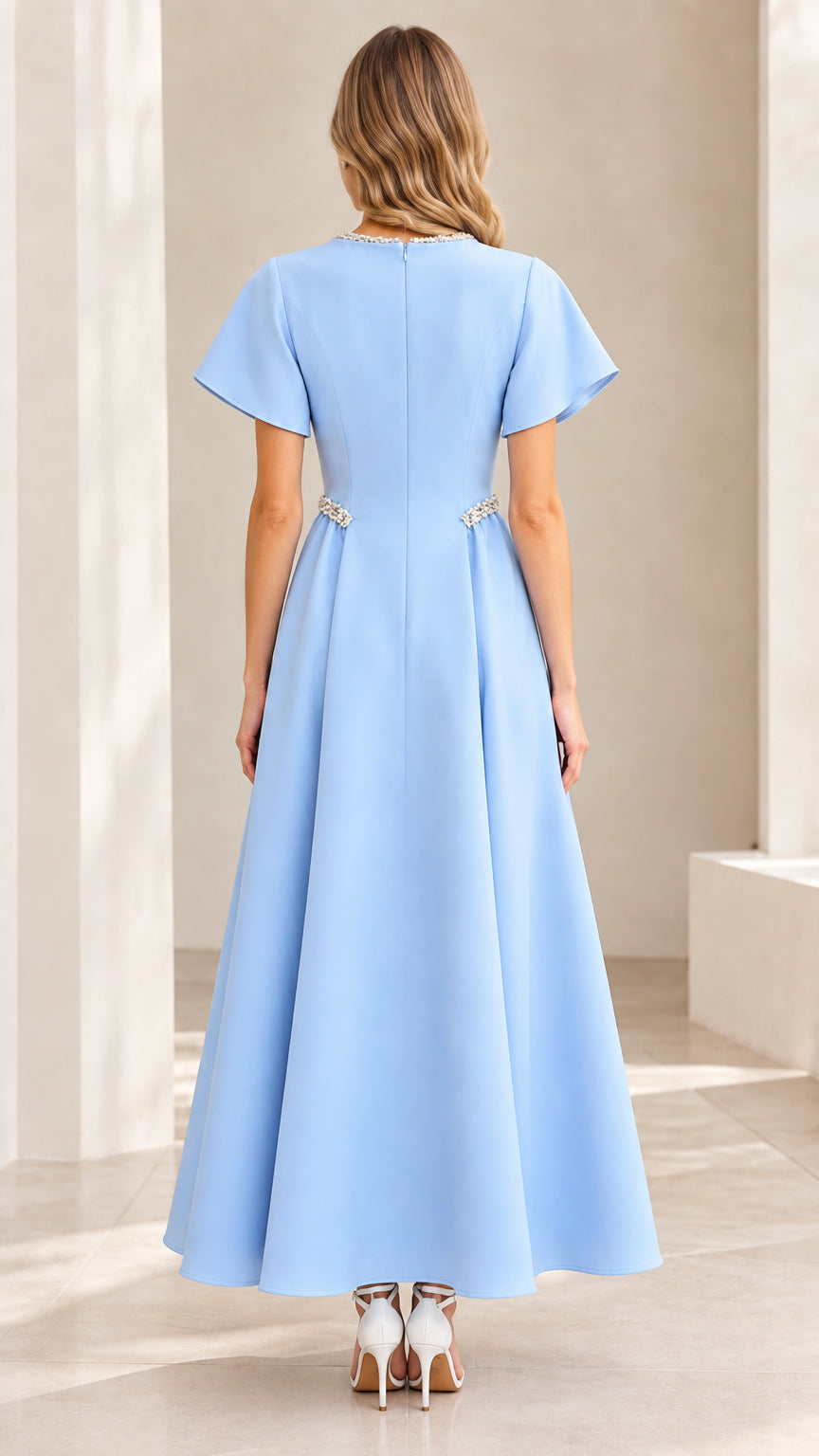 Back view of Sky Blue A-line maxi dress showing zip closure and clean silhouette