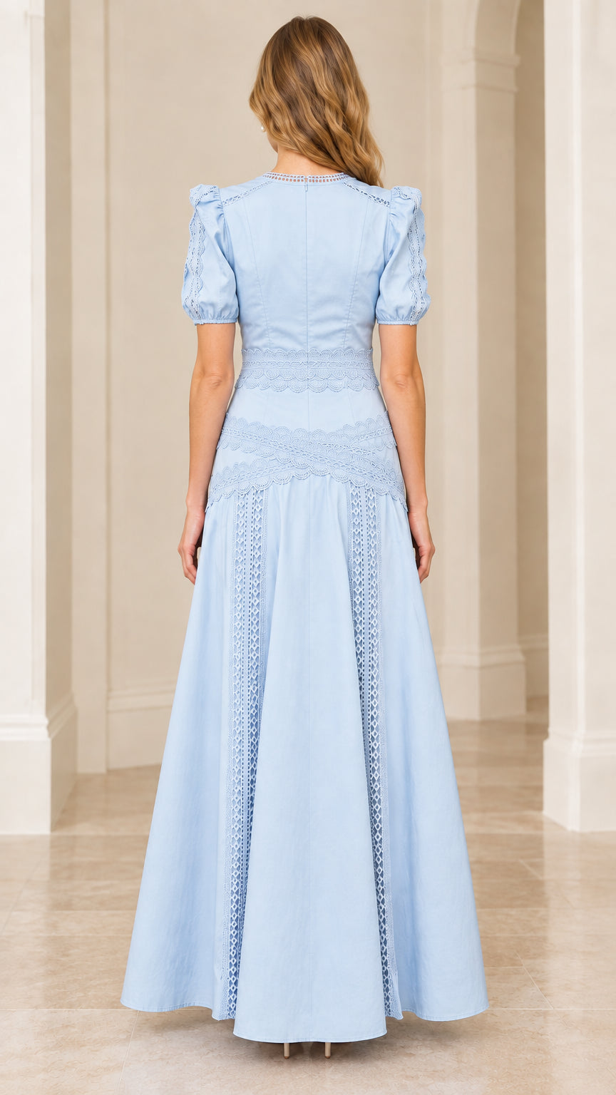 Back view of model wearing Light Blue floor-length lace detail gown