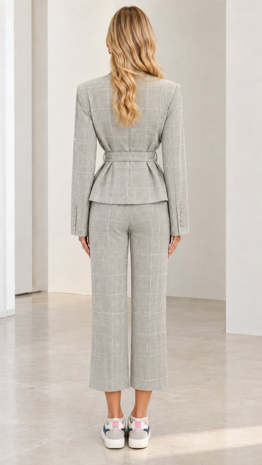 Back view of Light Grey plaid tailored peplum jacket and trousers
