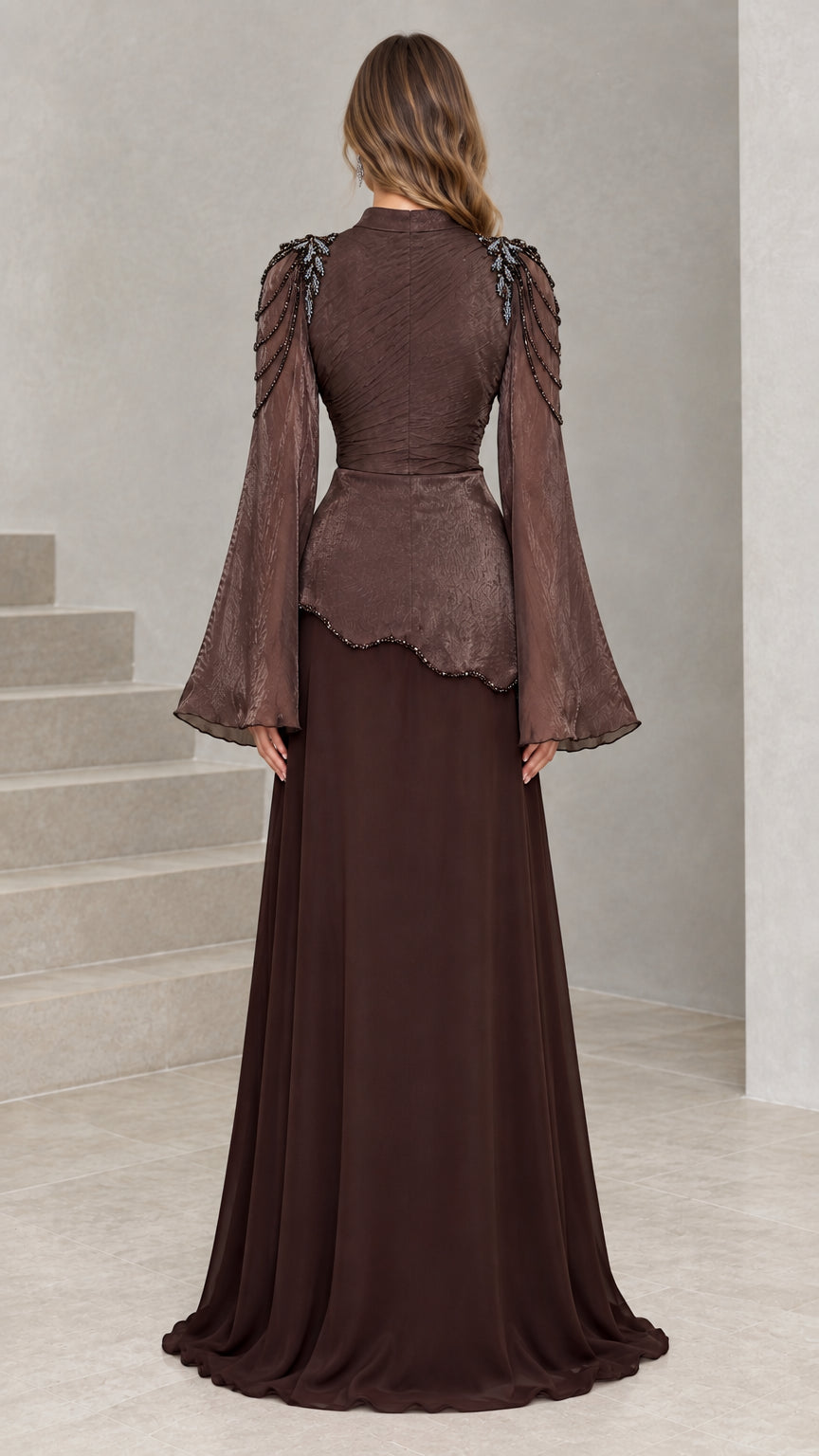 Back view of Chocolate Brown floor-length formal evening gown with bell sleeves