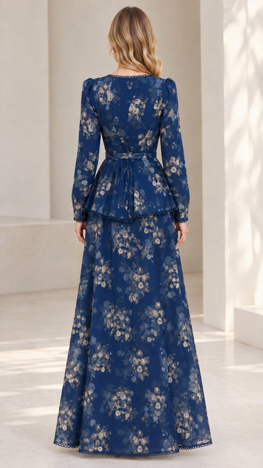 Back view of model wearing Navy Blue belted floral maxi dress with peplum detail