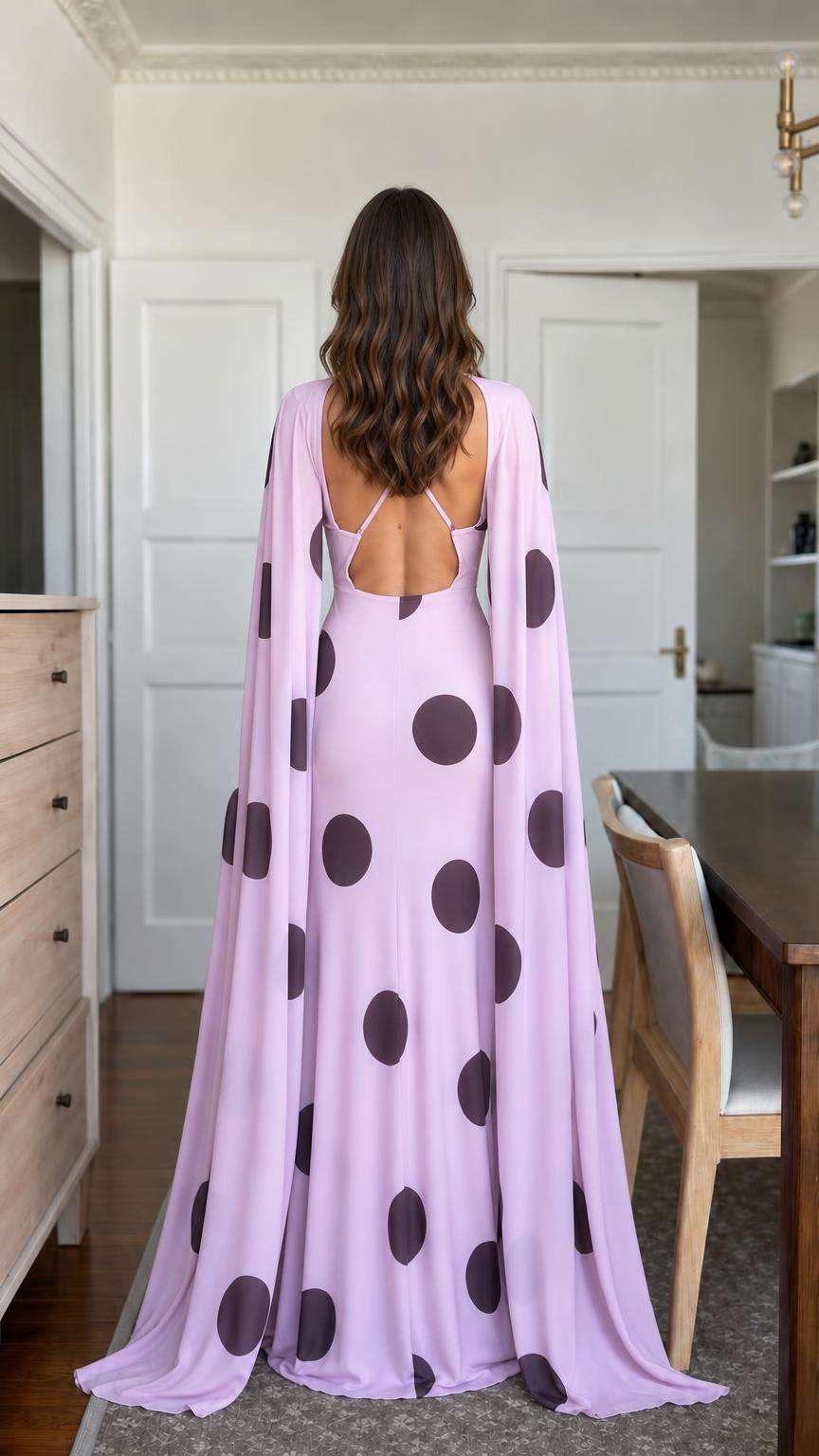 Lavender polka dot cape maxi dress back view showing open back