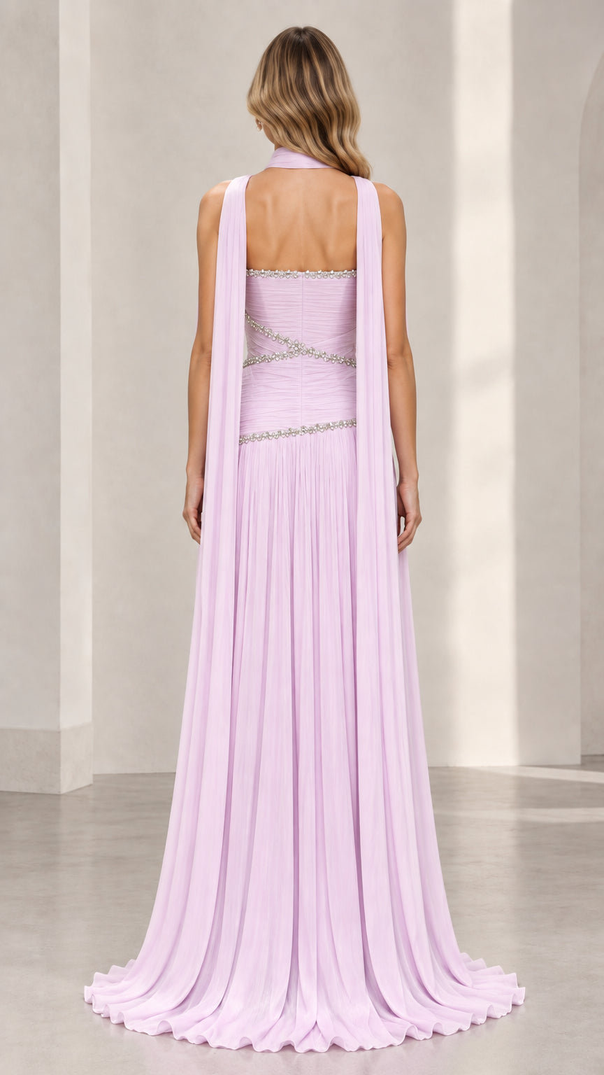 Back view of lavender chiffon maxi dress featuring trailing neck scarf cape