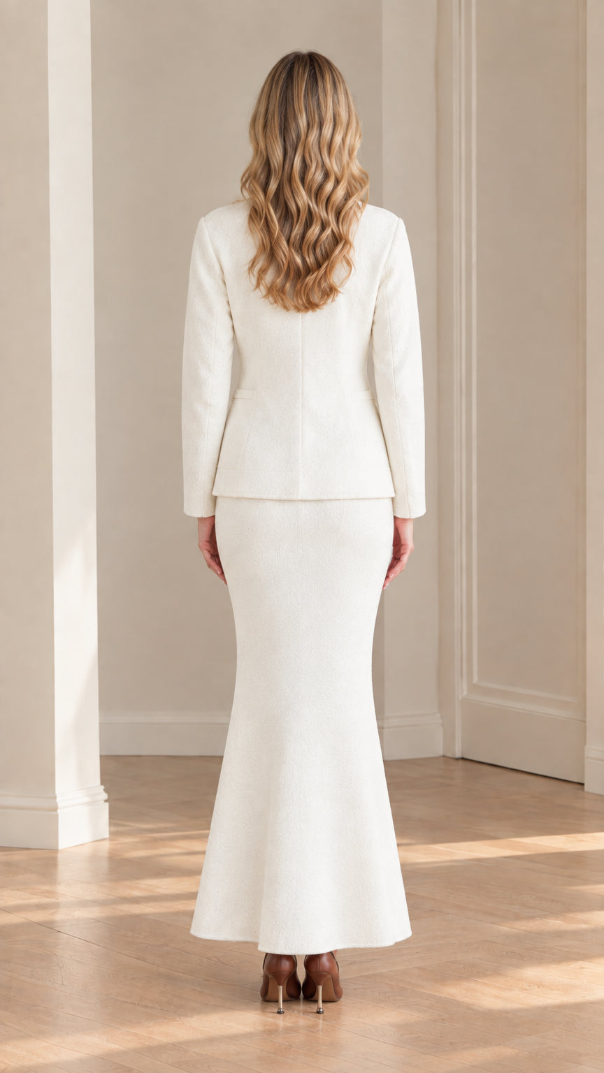 Back view of ivory textured blazer and flared maxi skirt set