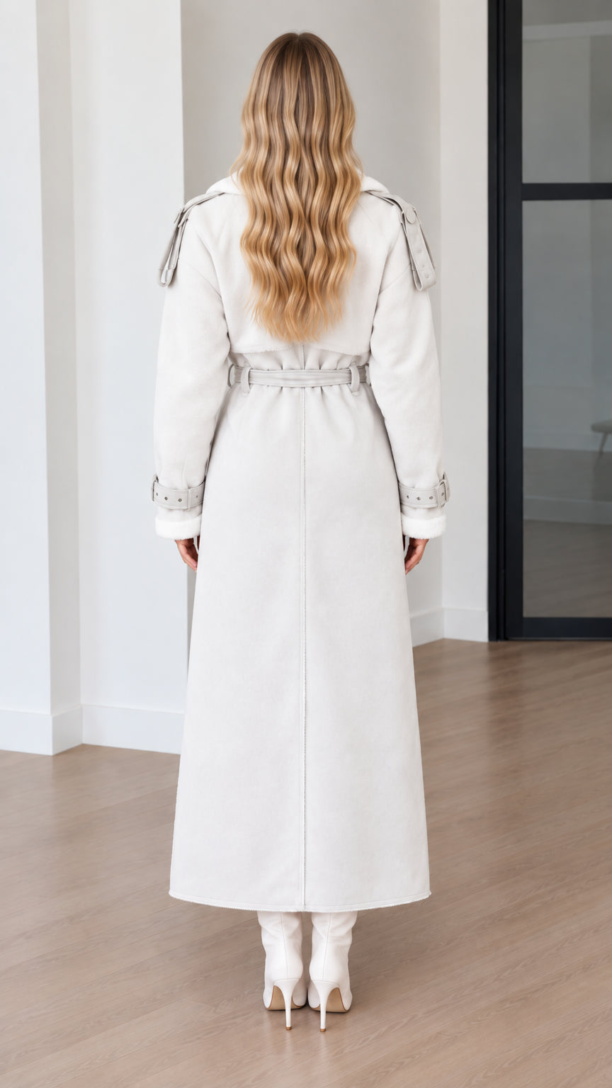 Back view of model in an off-white full-length belted trench coat