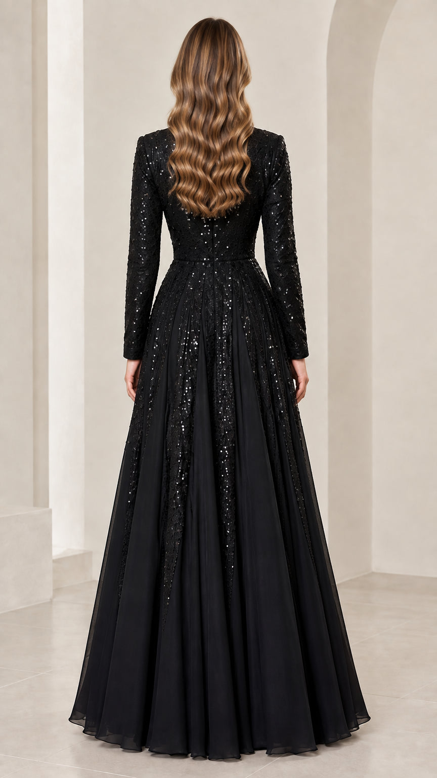 Back view of black sequined formal dress and jacket set