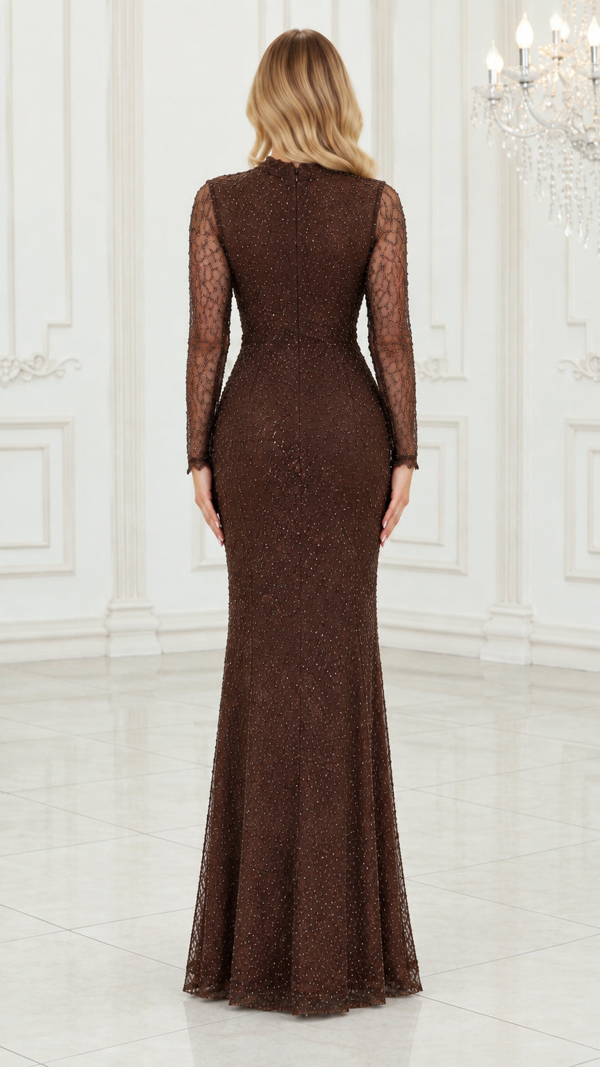 Back view of model wearing floor-length chocolate brown glitter lace gown