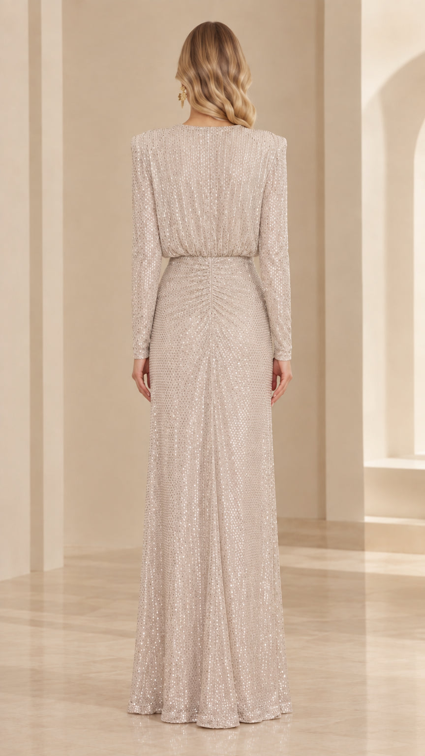 Champagne sequin long sleeve evening gown back view