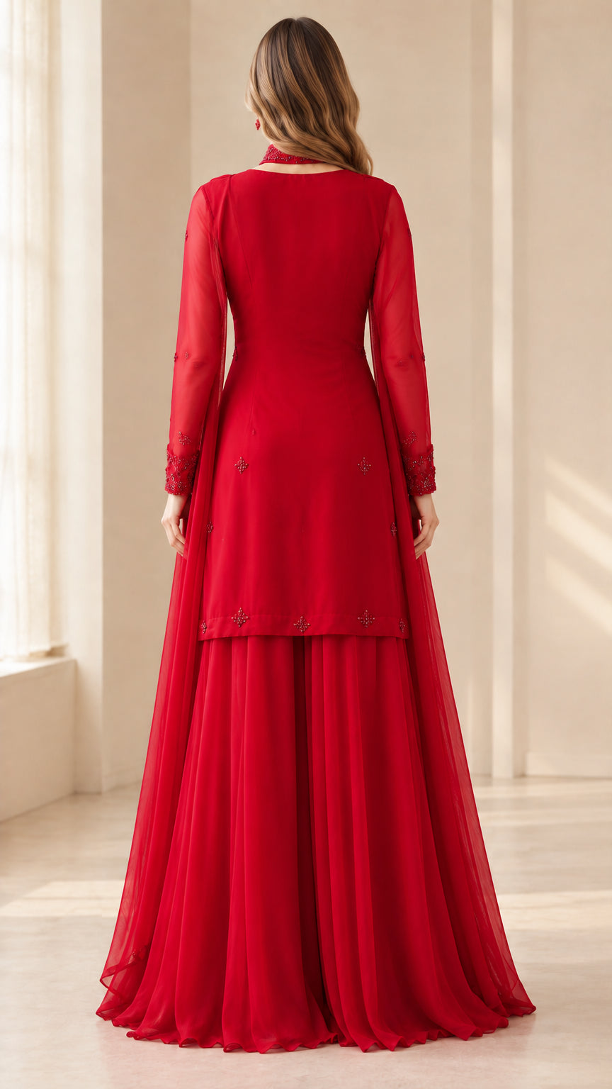 Back view of woman wearing flowing red sharara suit with sheer dupatta drape