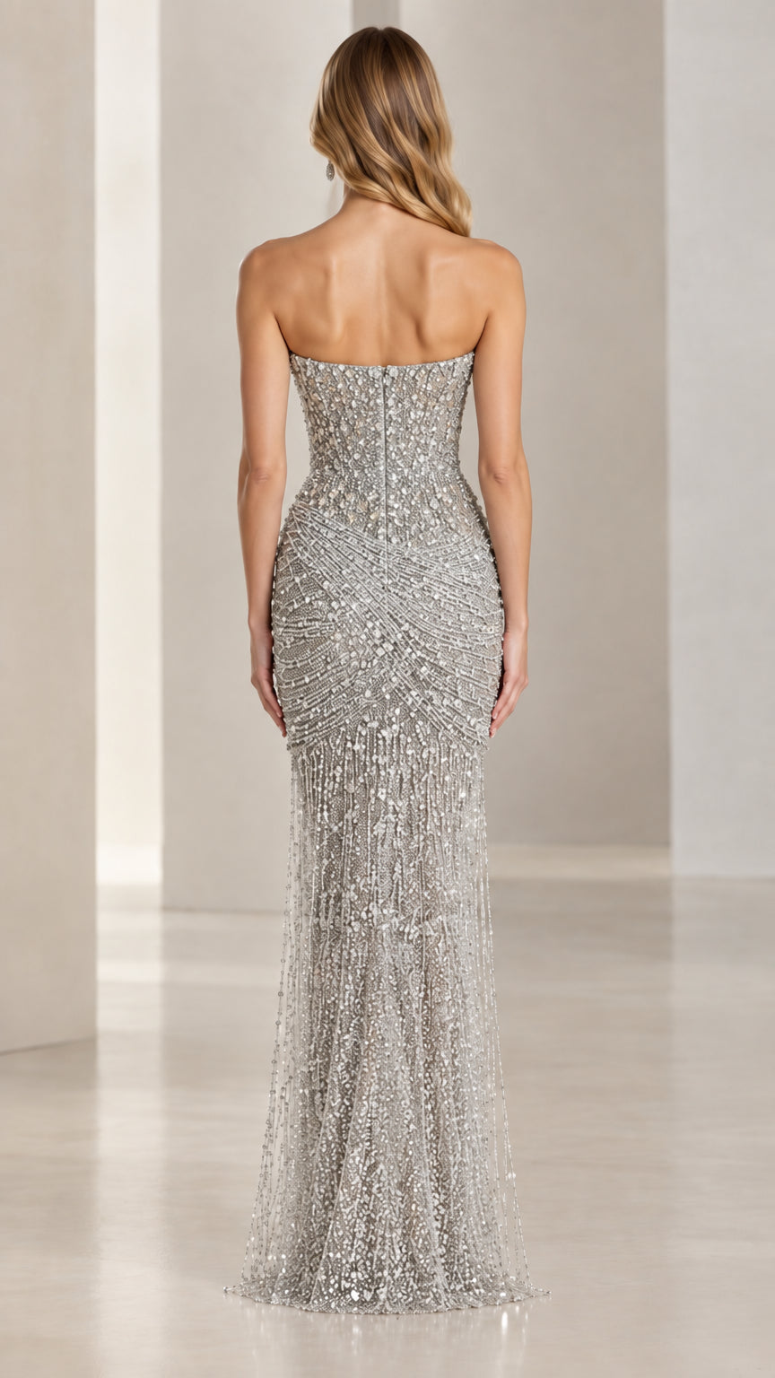 Strapless beaded column evening gown in silver back view