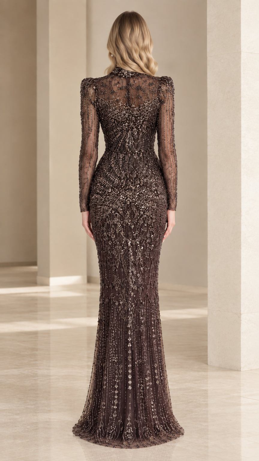 Back view of woman wearing espresso brown long-sleeve sequin formal gown