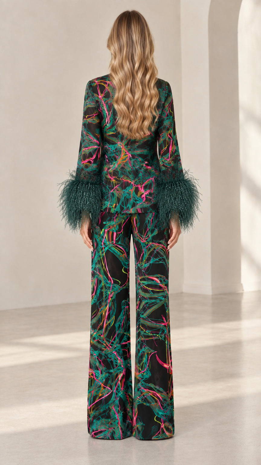 Back full-length view of Emerald Black printed satin co-ord pant set