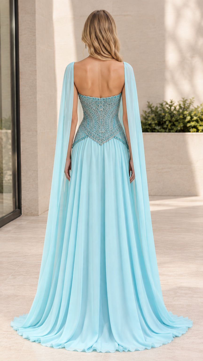 Back view of model showcasing sky blue open back cape evening dress