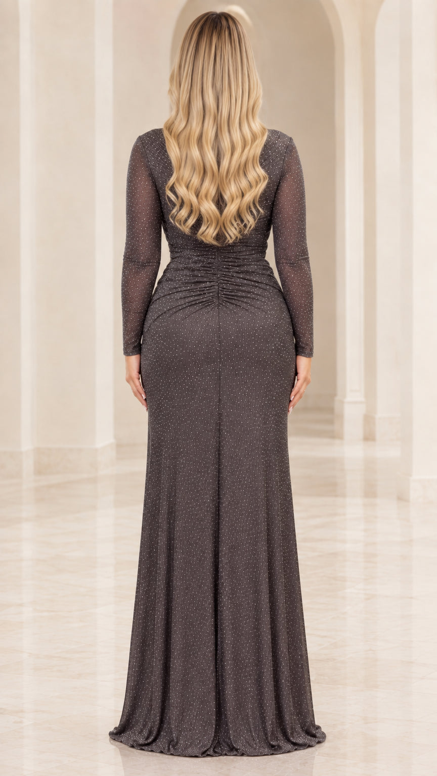 Back view of Charcoal floor length evening dress showing gathered ruched detail