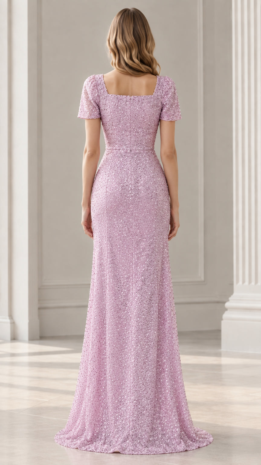 Back view of woman wearing Lilac square neck sequin evening gown
