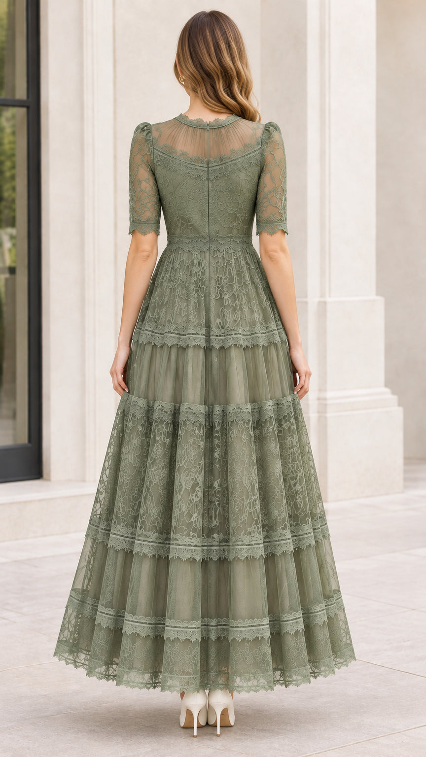 Back view of sage green illusion lace maxi dress showing concealed zipper