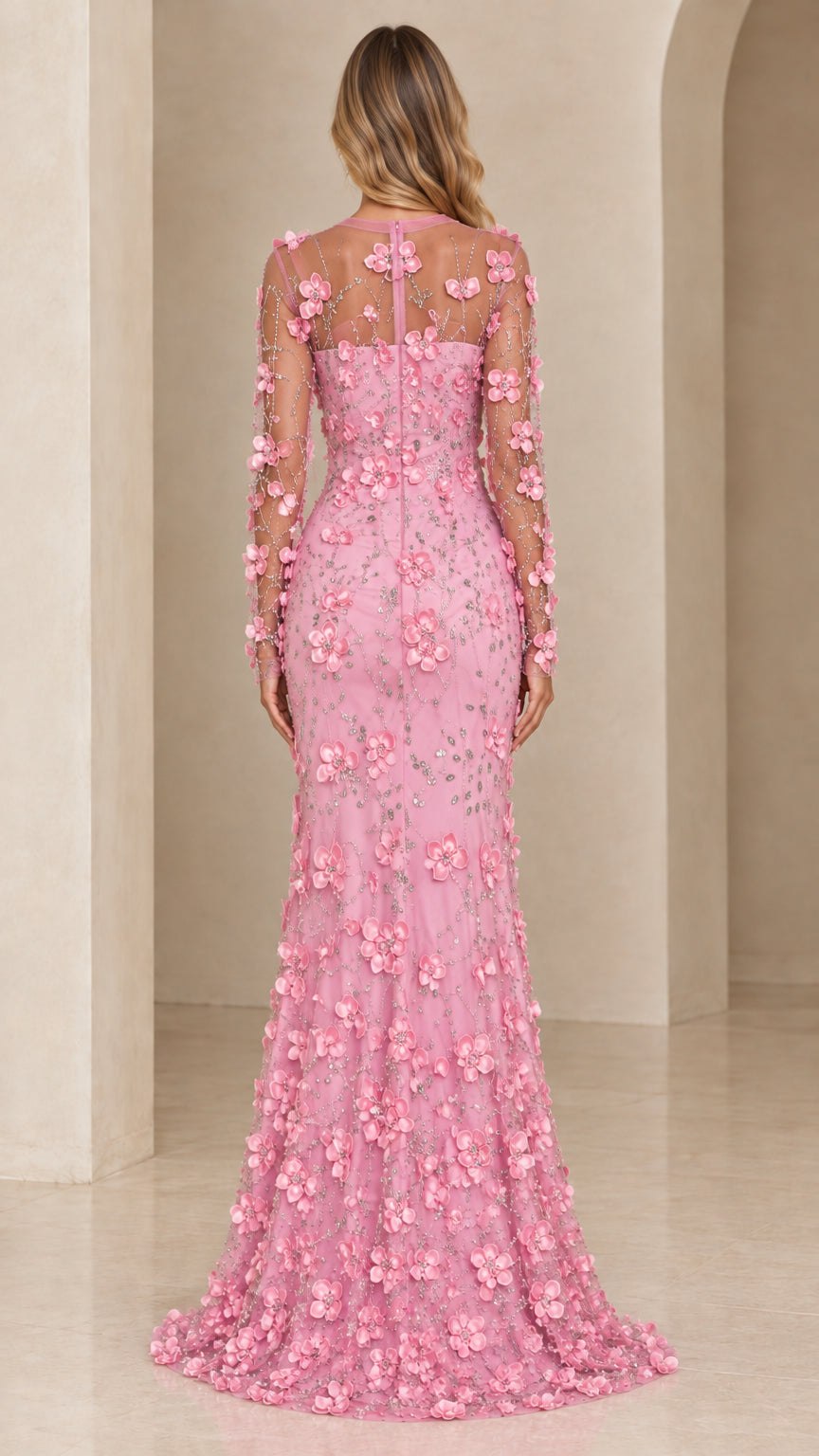Pink floor length mermaid evening gown back view