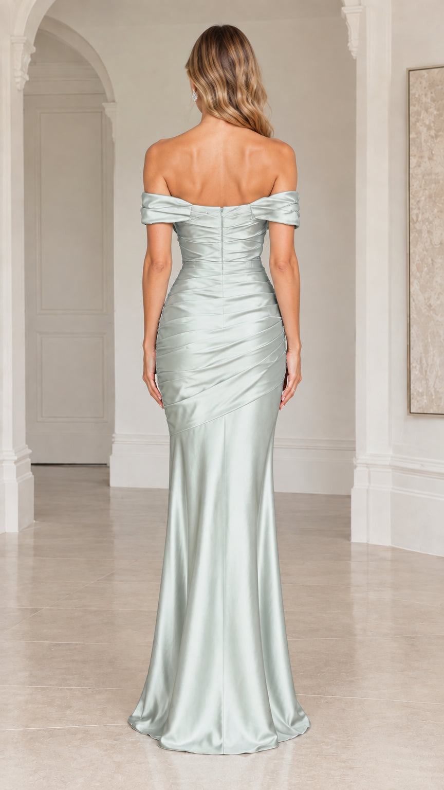Back view of model wearing Sage Green off-the-shoulder floor-length gown