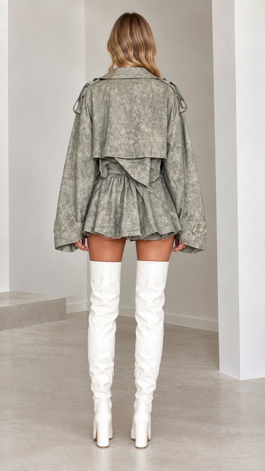 Back view of model in Sage Green cropped jacket and high-waist shorts matching set