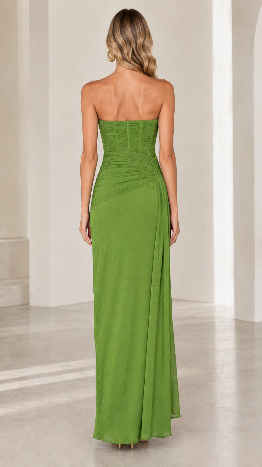 Back view of olive green strapless corset maxi dress