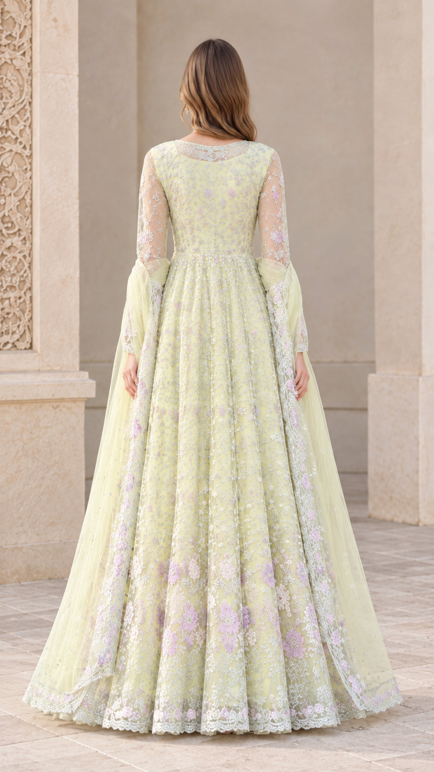 Pale yellow floral lace evening dress with flowing A-line skirt - back view